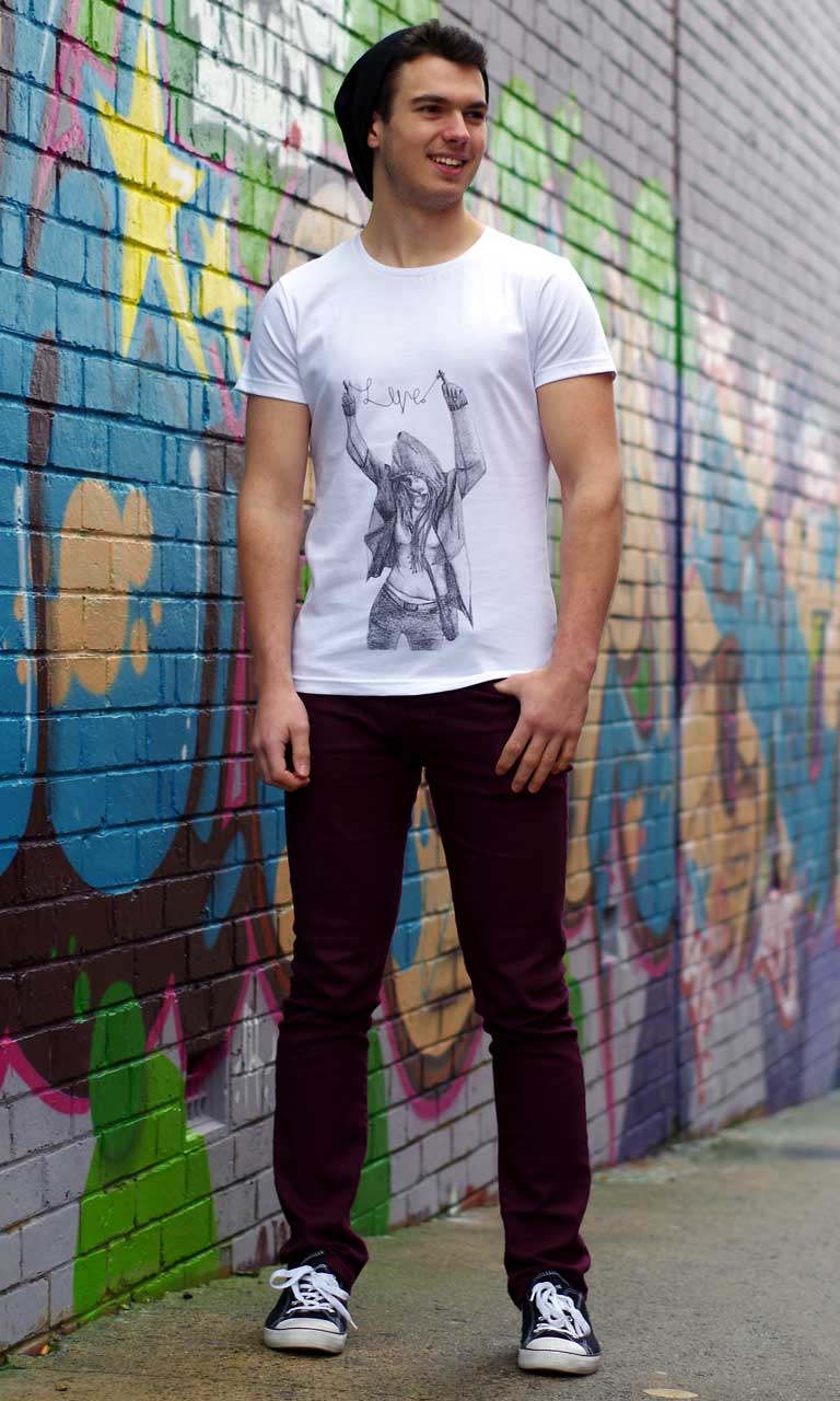 Model wearing Lonely Goat Mens-Word-Signature Fit Tee-Milk