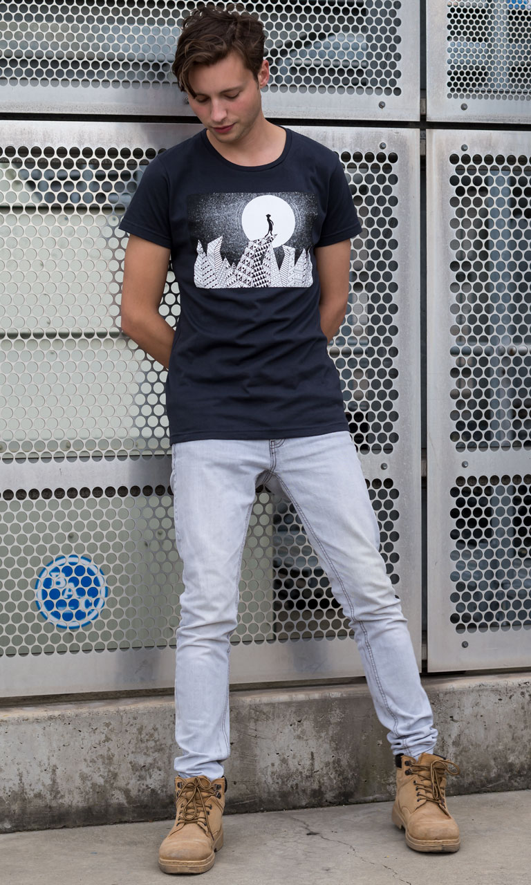 Model wearing Lonely Goat Mens'-Moonkat-Signature-Fit-Tee-Cotton-Smooth-Hoof