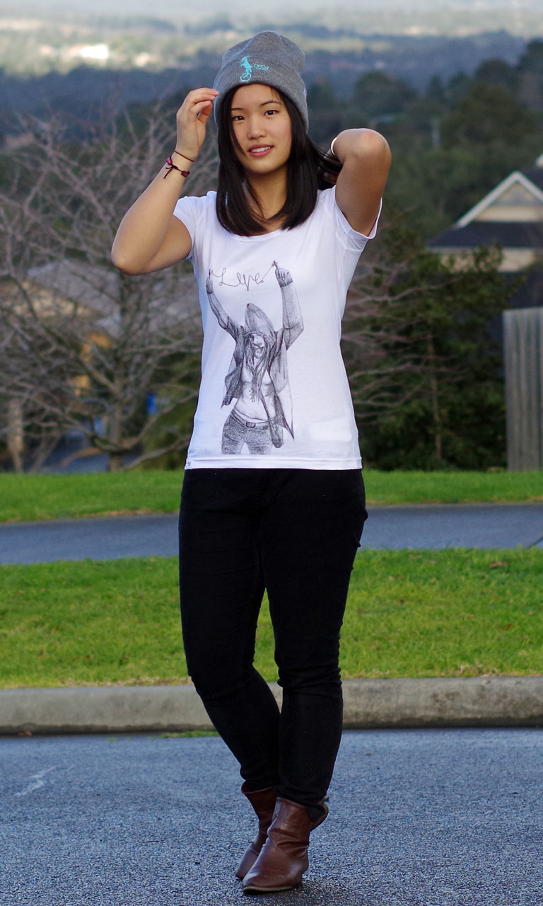 Model wearing Lonely Goat Womens-Word-Signature Fit Tee-Milk